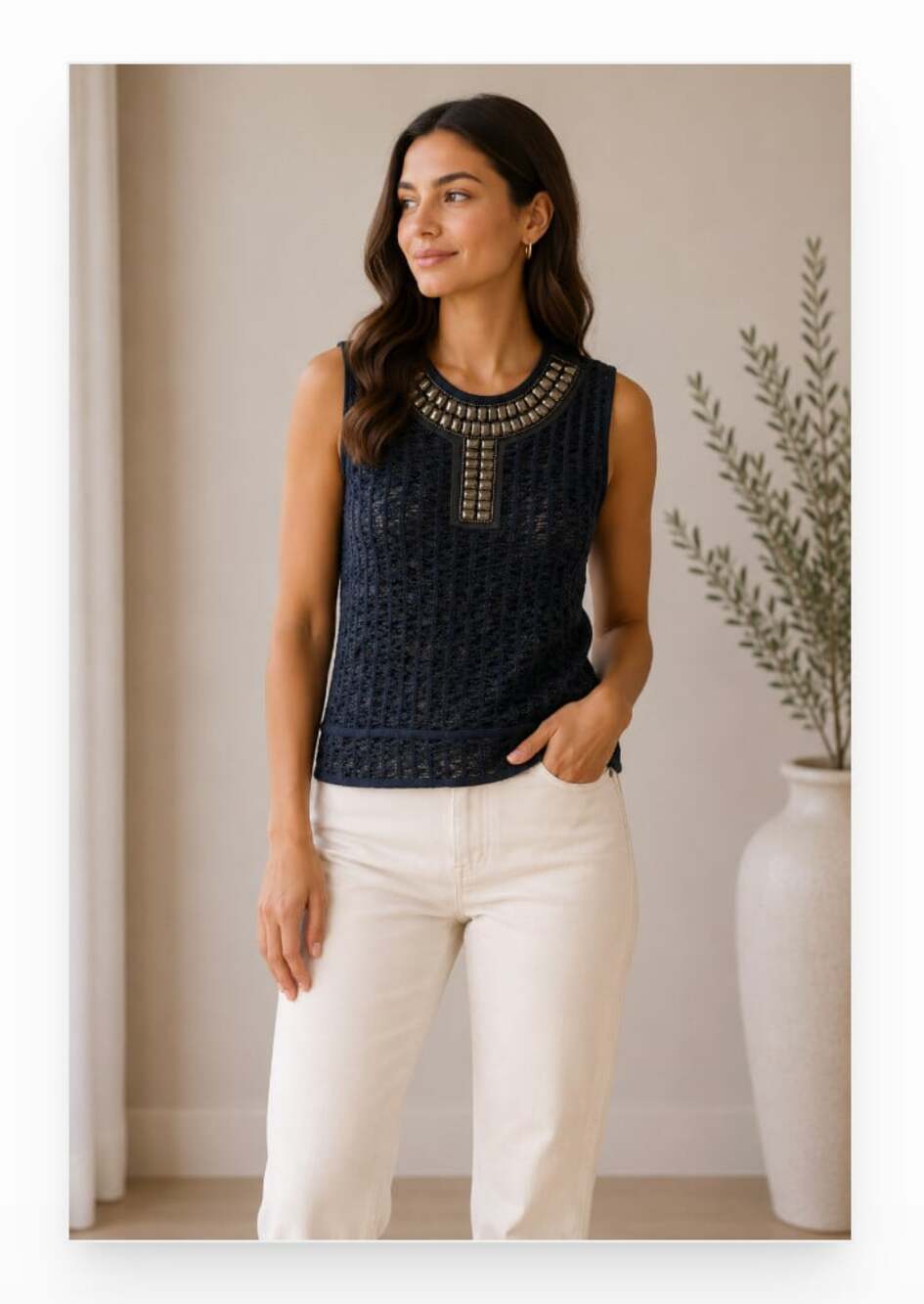 St. John Tank Top Womens Medium Gray Beaded Studded Stripe Knit Zip Back